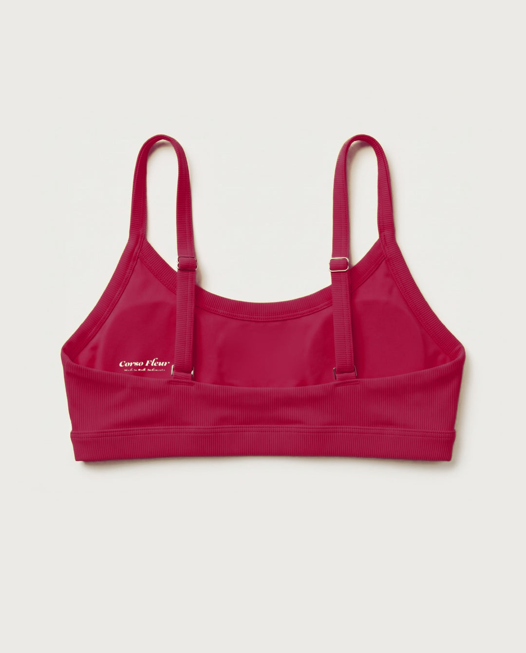 Luxsport Bikini Top in Pomegranate, flat lay back (AI-generated product render)